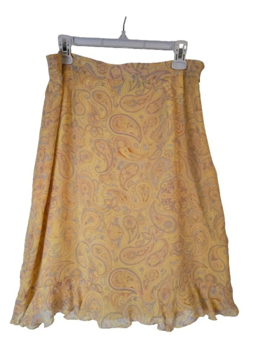 Jaclyn Smith Lined Silk Skirt 16 Soft Yellow Paisley Print, Ruffle Hem, Like New